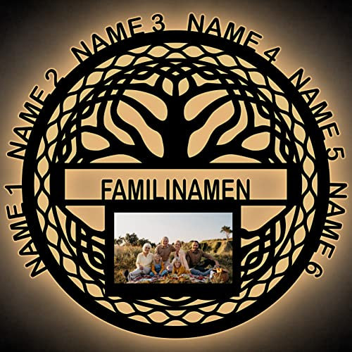 LEON FOLIEN Led Familienbaum personalisiert Bilderrahmen Stammbaum bis 8 Namen & Familienname - Familiengeschenke Lebensbaum Geschenk Wand Deko - Lampe Nachtlicht (#4 Mit Bilderrahmen)