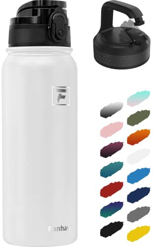 Fanhaw 600ml Insulated Stainless Steel Water Bottle with 2 Lids - Leak & Sweat Proof with Anti-Dust Lid (White)