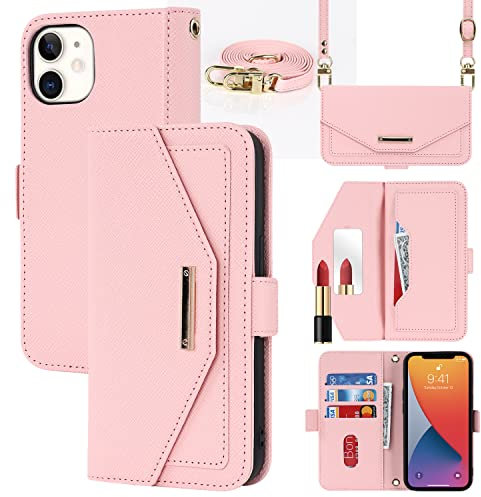 Cavor Case compatible with iPhone 12/12 Pro Phone Case With Strap,Crossbody Flip Leather Wallet Case,[5 Card Holder][Mirror][Magnetic],Lanyard Case Cover for women - Pink