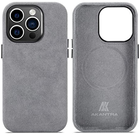 AKANTRA Alcantara Schutzhülle für Apple iPhone 14 Serie, handgefertigt, vollständig umwickelt, synthetisches Wildleder, kompatibel mit kabellosem Magsafe Laden (iPhone 14 Pro, Grau)
