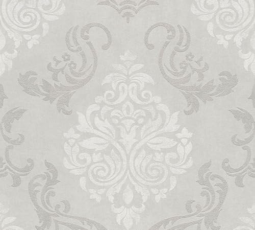 Barock Tapete Profhome 953721-GU Vliestapete leicht strukturiert mit Ornamenten schimmernd grau weiß silber-grau 5,33 m2