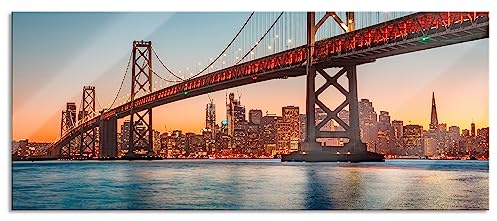 Pixxprint Glasbild Panorama, Wandbild aus Echtglas, Oakland Bay Brücke bei Sonnenuntergang, 100x40 cm, inkl. Aufhängung und Abstandshalter