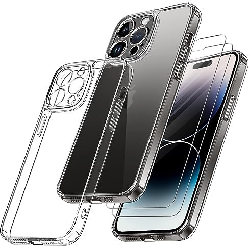 Qasyfanc Handyhülle Kompatibel mit iPhone 14 Pro, Hülle mit Kameraschutz und 2 Stück Schutzfolie, Hard PC Nie Vergilbung Case Transparent Militärschutz Kratzfest Fallschutz Schutzhülle, Klar