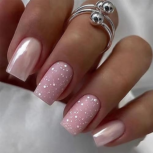 Agasar 24pcs Medium Square False Nails Glitter Pink Stick on Nails Silver Press on Nails Removable Glue-on Nails Fake Nails Acrylic Full Cover Nails Women Girls Nail Art Accessories