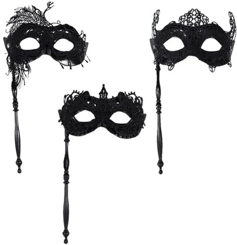 Lezevn 3 Stücke Maskerade Maske mit Haltestab Venezianische Frauen Spitze Maske Schwarz Augenmaske Halloween Prom Ball Kostüm Cosplay Zubehör