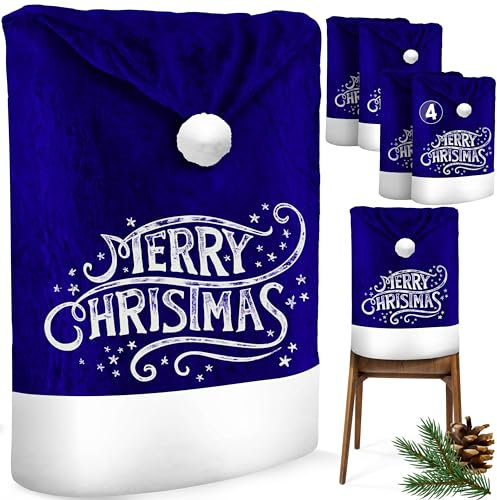 KESSER® Premium Weihnachtsstuhlüberzug 4er Set Stuhlhussen für Weihnachten Nikolausmütze Stuhlbezug Husse Weihnachtsdeko für Stühle Überzieher - Stuhlabdeckung im weihnachtlichen Design