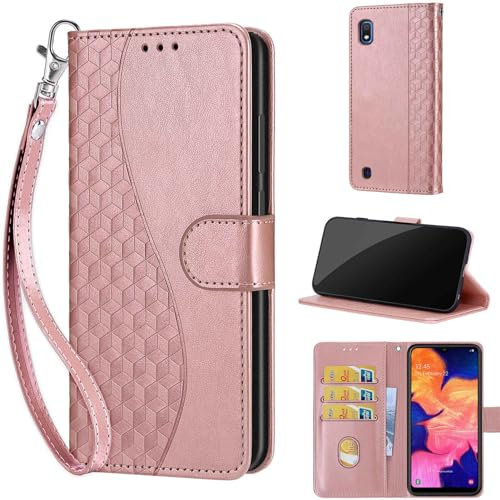 for Samsung Galaxy A10 Case, Embossed Premium PU Leather Folio Flip Notebook Wallet Cover Compatible with Samsung A10 Phone Case [Magnet Closure][Kickstand][Card Slots], Rose Gold