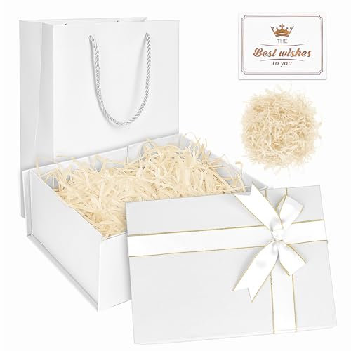 Weiß Geschenkbox, Geschenkbox mit Deckel, 22 x 16 x 8,5 cm Große geschenk Box mit Deckel und Schleife, leer Geschenkboxen mit Karten, Speziell für Valentinstag, Geburtstage, Jubiläen (Weiß)