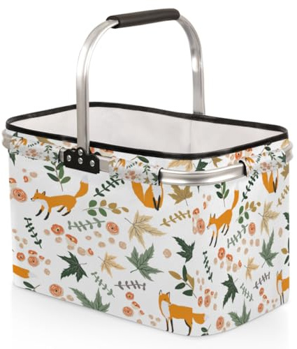 Tavisto Marktkörbe mit Griffen – Stabiler Einkaufskorb mit viel Stauraum und praktischer Innentasche, Fuchs Blumen Blätter, 18.8*11.8*11.2 inches