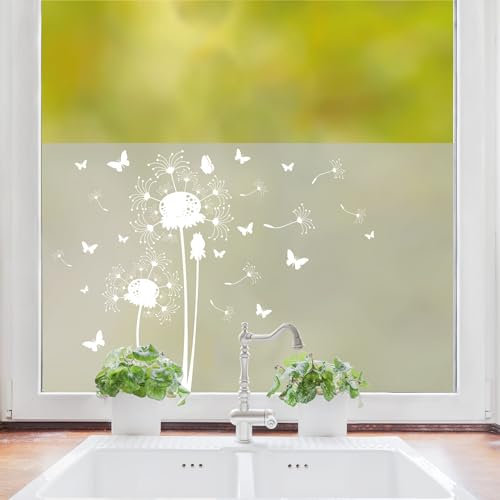 Wandtattoo Loft Sichtschutzfolie Pusteblume Schmetterlinge Fensterfolie Fensterdeko Milchglasfolie, 55 cm hoch, 75 cm breit