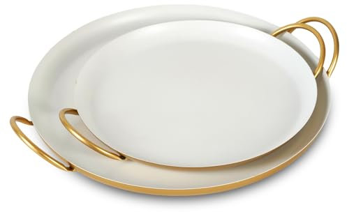 JAZUIHA 2er Set Runde Dekotabletts Metall, Dekorative Tabletts mit Griffen, Serviertablett mit Henkel Frühstückstablett in Skandi-Stil für Wohnzimmer Bad Küche, D 26/33 cm