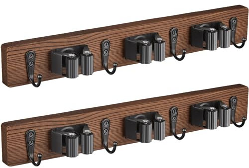 OUTNILI Mopp-Besenhalter, Wandhalterung mit 3 Schlitzen und 4 Haken, rustikaler Holzbesen-Aufhänger für Speisekammer, Küche, Organisation, Gartenwerkzeug-Organizer für Schrank, Waschküche, 2 Stück