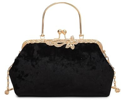 NICOLE & DORIS Pochette Femme à Main Kiss Lock de Soiree Élégants Sac Cartable Chaine Luxe pour Mariage Cocktail Fête Cadeau Noir