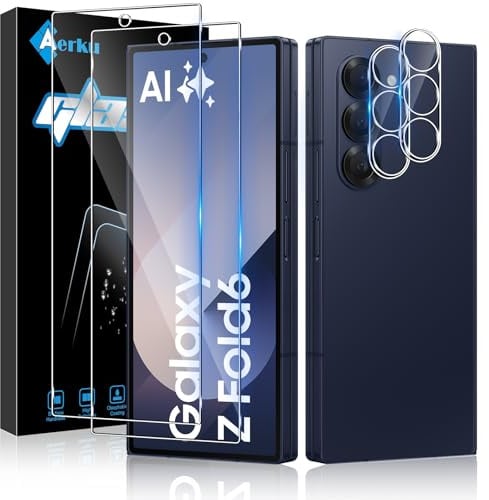 Aerku Verre Trempé pour Samsung Galaxy Z Fold 6 5G avec Caméra Arrière Protecteur [2+2 Pièces], Dureté 9H Protection écran [Sans Bulles] [Ultra HD] Ultra Résistant Film Vitre