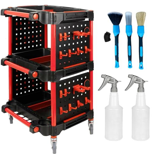 Werkstattwagen 3 Etagen mit 28-Hakenset 3 Detailingbürste 2 Sprühflasche, Schwenkräder mit Bremsen, 200Kg Tragfähig Werkzeugwagen Leer, Rollwagen Werkstatt Metall Rollender für Garage (57x50x92 Stahl)