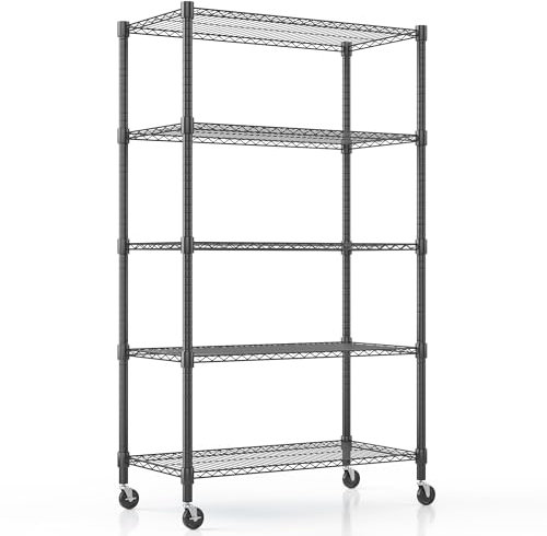 Himimi 5-stufiges Drahtregal mit Rädern und Nivellierfüßen, höhenverstellbares Metall-Lagerregal, stehende Aufbewahrungsregaleinheiten für Waschküche, Badezimmer, Küche, 90 * 45 * 208 cm, Schwarz