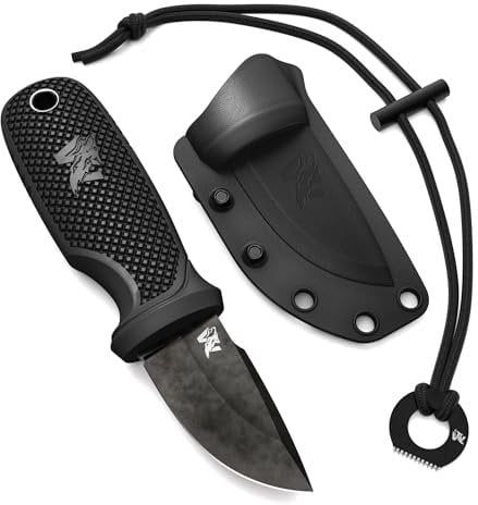 ODENWOLF W-MINI Neck Knife Messer aus starkem D2 Stahl - Kleines EDC Messer Feststehend mit durchdachtem Holster und Feuerstahl - Outdoor Messer Klein und Handlich - Feststehendes Messer Halskette