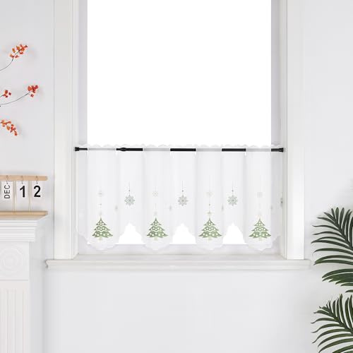 Joyswahl Scheibengardine Voile Bistrogardinen durch Lochleiste Transparent Kurzstores mit Weihnachten Muster Weihnachtsgardine mit grünes Weihnachtsbaum-Muster HxB 30x120cm 1er Pack