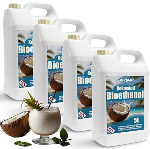 Bioethanol 96,6% 20L | Bio Alkohol Kokosnussduft 96,6% 4x5L | Bioethanol für Kamin, Tischkamin, Bioethanol Kamin | Bioethanol Kokosnussduft| Saubere Verbrennung, ohne Rauch, lebendige Flamme