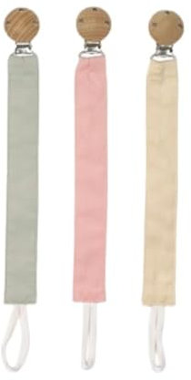 Moguri 3 Stück Schnullerkette Stoff Set, Schnullerband aus Baumwolle mit Holzclip für Jungen und Mädchen, Dummy Chain für Baby mit Beißring, Schnullerketten für Mam Schnuller(Rosa, Beige, Grün)