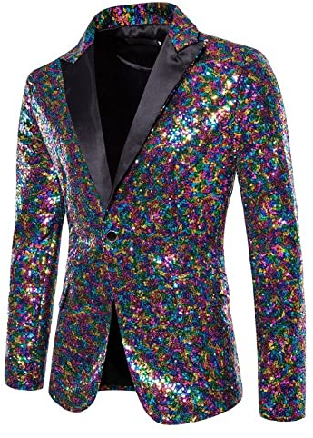 YOSUWOAI Giacca da uomo slim fit, con paillette, con bottone, blazer glitterato, per carnevale, tempo libero, spettacolo, anni '70 e anni '80, con colletto a risvolto, per matrimoni, feste