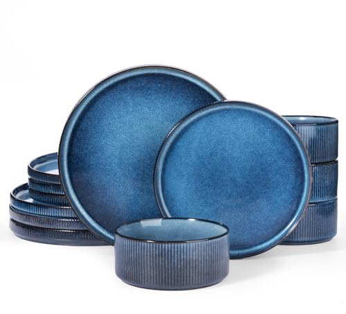 Richmount Star Set d'assiettes 12 pièces, Set de vaisselle 4 personnes, Set de vaisselle en faïence, Service de table anti-rayures, Micro-ondes & Lave-vaisselle, Bleu brouillard