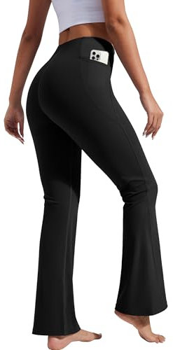 Pioneer Camp Hosen Damen Yogahose Lang Flared Leggings Leicht Fitnesshose Freizeithose Pants mit Taschen (Black;L)