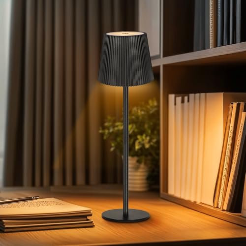 Ketom LED Tischlampe Kabellos Dimmbar, Akku Tischleuchte Schwarz mit USB-C, Touch Lampe mit 3 Farbtemperatur, Stufenlos Dimmbar, Höhenverstellbar, IP54 Wasserdichte für Innen/Außen