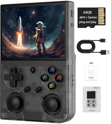 Console de jeu portable rétro G350, écran IPS de 3,5, système Linux, carte TF 64 Go intégrée, batterie 3200 mAh (noir transparent)