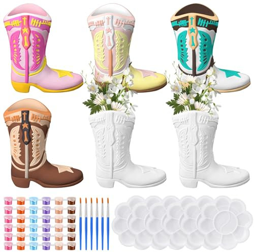Affrolling 6 Set Cowboy Boot Vase Ceramics to Paint Ready to Paint Your Own Ceramic Cowgirl Hat Vase DIY Unpainted Plaster Paintable Kit Crafts with Brush Palette for Adults(Cowgirl Boots)