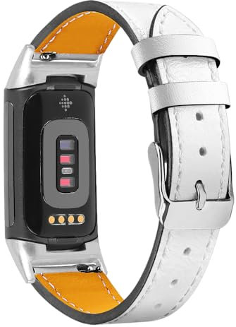 SMYAOSI Lederarmbänder kompatibel mit Fitbit Charge 6/ Charge 5 Armbander, Elegantes Echtes Lederarmband für Fitbit Charge 6/ Charge 5 Strap Smartwatch Zubehör (Weiß)