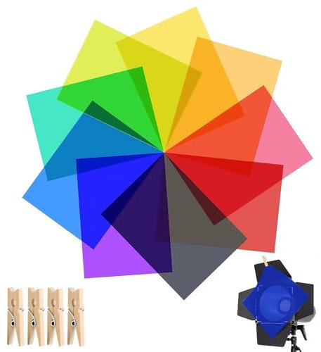 Farbfilter Folie,Strobe Flash Gel Filter,Transparente Farbkorrektur Beleuchtung Folien,9 Colours Lampenfolie mit 4 Stück Clip,Farbfilter A4 für Lampen Farbige,Transparente Farbkorrektur