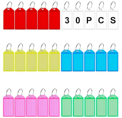 WUPENGZON 30 Stück Schlüsselanhänger Beschriftbar, 6 Farben Kunststoff Schlüsselschilder mit leeren Etiketten Ring, Schluesselanhaenger zum beschriften für Zuhause, Büros, Pet ID, Koffer,Gepäckstücke