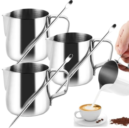 APACALI Barista Lot de 3 pots à lait en acier inoxydable 150 ml avec stylo de mesure Mark et Latte Art pour cappuccino expresso