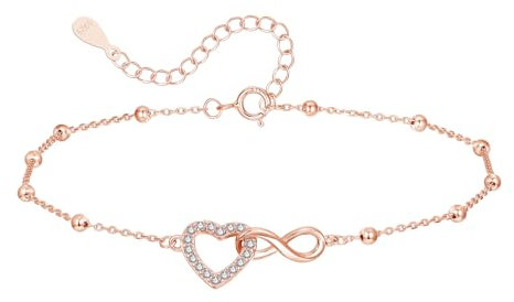 Loutade Women's Anklets Rose Gold, 925 Sterling Silver Ankle Bracelet for Women, 22+5cm Adjustable Infinity Endless Heart Barefoot Anklets for Beach Summer Holiday, Silver Bead Foot Chain Jewelry