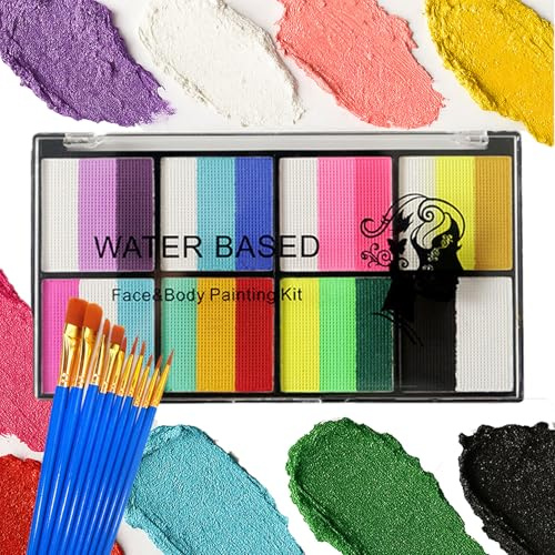 24-Color Face Paint Palette Set with Brush - Water-Based & Washable Body & Face Painting Kit - Non-Toxic Makeup Palette for Adults - Ideal for Halloween Cosplay Festival & Stage Makeup