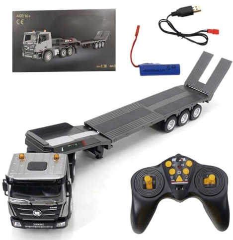 ENGINEMECH Ferngesteuertes LKW Baufahrzeuge 1:18 Flachbett Anhänger, 2.4G 9CH Metall RC Abschleppwagen Weihnacht für Erwachsene Geschenke