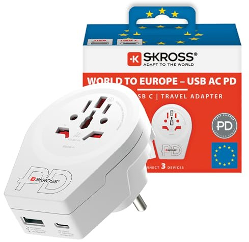 SKROSS World to Europe USB AC20PD Travel Adapter | With 1 USB Type C And 1 USB Type A Port, Fast Charging, Power Delivery, Shock Protection