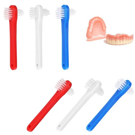 6 Stück Doppelseitige Prothesenzahnbürste,Borsten für Zahnprothesen,Tragbare Zahnbürste Hart,Gebissbürste mit Mehrschichtigen Borsten,Dentalbürsten für Falsche Zähne,Retainer,Zahnspangenreinigung