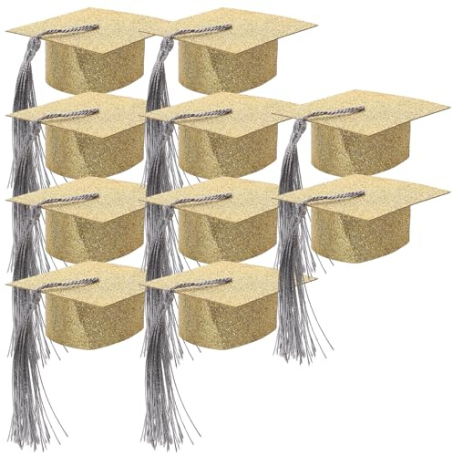 SEWACC Lot de 10 Couvre-gobelets Décoratifs Forme Chapeau de Remise de Diplôme Doré pour Verres à Vin, Accessoires Fête Graduation DIY, Décoration Verre Élégante pour