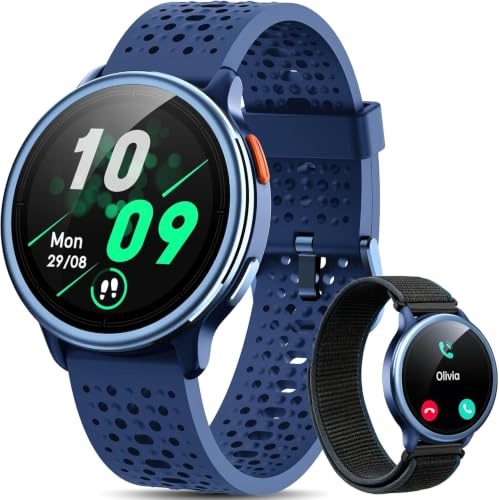 Quican Smart Watches for Women Men, 1.27 Round, Answer/Make Call, Blue | Fitness Watch, Heart Rate/Sleep/SpO2 Monitor, 120+ Sports, 1ATM Waterproof, Android iOS Compatible, 2 Straps, Smartwatch Gift