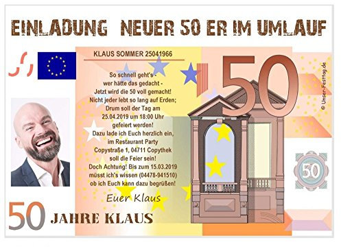 Unser-Festtag Geburtstagseinladung für 50 Jahre mit Foto - eigener Text wird eingedruckt, lustig und originell Männer Frauen, Menge 20, Größe DIN A6