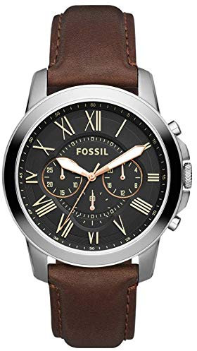 Fossil Grant uhr für Herren, Quarz-Chronographenwerk, mit Edelstahl- oder Lederarmband, Braun und Grau, 44MM