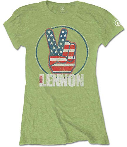 John Lennon Damen Peace Fingers Us Flag T-Shirt, Grün (Kiwi Kiwi), 38 (Herstellergröße: Large)