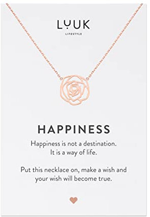 LUUK LIFESTYLE Collier filigrane en acier inoxydable, design raffiné, carte cadeau HAPPINESS, porte-bonheur, bijoux de mode avec pendentif Fleur, rose