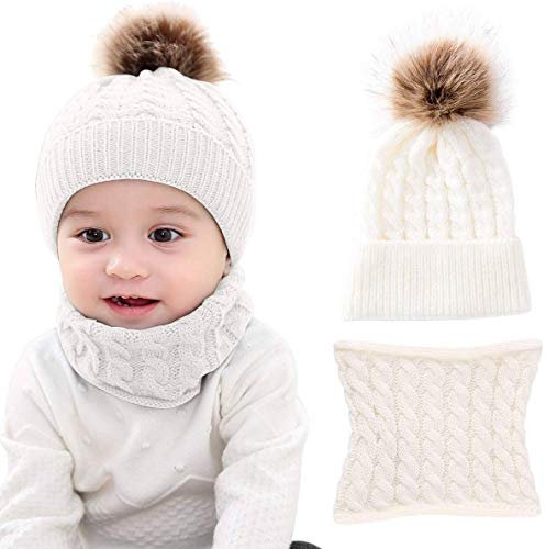 CheChury Warme Winter Mütze Schal Kinder Sets Baby Mädchen Beanie Hut Jungen Strickmütze mit Bommel Babymütze Schlupfmütze für 0-3 Jahre Kinder-A-Weiß-One Size
