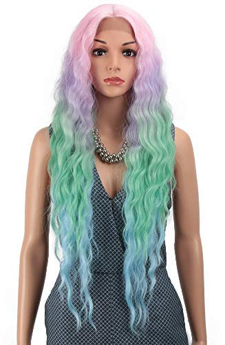 Joedir Lace Front Perücke Regenbogen Perücken für Frauen lange bunte gewellt Regenbogen Halloweens Perücke hitzebeständig synthetisches Haar Perücke für Mädchen Cosplay Perücken 30 Zoll