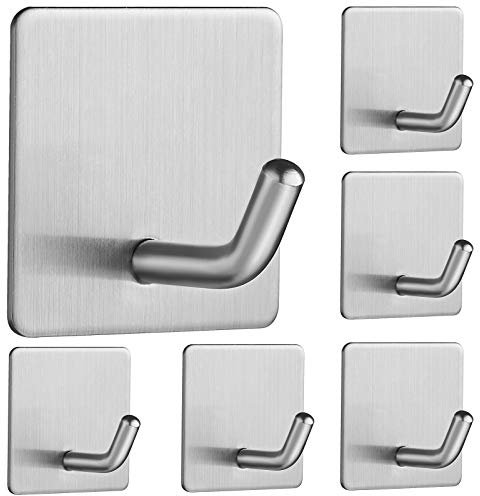 JS Self Adhesive Hooks, Stick on Hooks Holder for Tea Towel Robe Coat Kitchen Bathrooms,Stainless Steel Sticky Wall Hooks,Waterproof and Rustproof, 6 Pack
