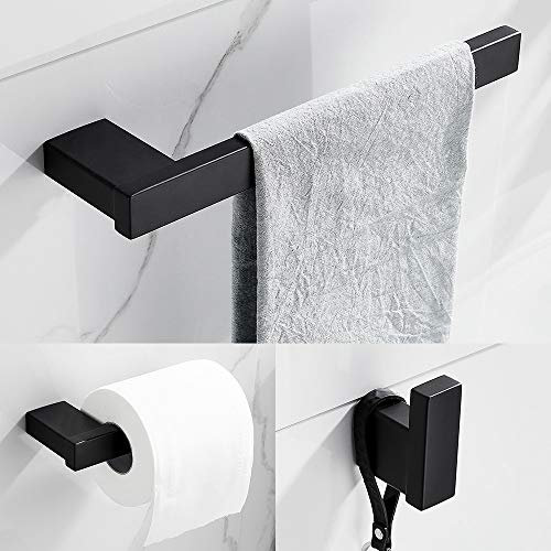 3 Piece Bathroom Hardware Set Matt Black Finish Stainless Steel Wall Mounted, Towel Bars, Toilet Paper Holder, Robe Hooks Easy to Install Bathroom Storage Accessories
