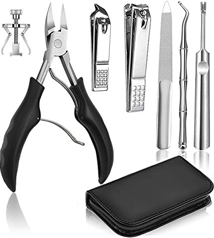 7 PCS Thick Ingrown Toenail Clipper Kit with Nail Clippers, Toenail Lifter, Cuticle Cutter, Nail File, Toenail Corrector, PU Leather Case for Ingrown Thick Hard Toe Nail Fingernail
